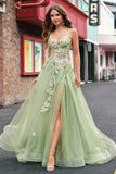 Green Sequined Applique Corset A-Line Prom Dress with Slit