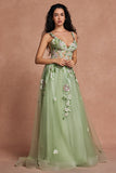 Green Corset Sequins Floral Tulle A-Line Prom Dress with Slit