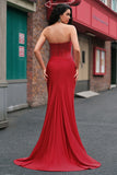 Red Strapless Beaded Mermaid Sweep Train Prom Dress with Slit