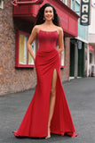 Red Strapless Corset Beaded Mermaid Prom Dress with Slit