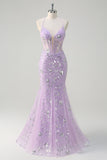 Sparkly Lilac Corset Sequins Mermaid Prom Dress with Criss Cross Back