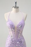 Sparkly Lilac Corset Sequins Mermaid Prom Dress with Criss Cross Back