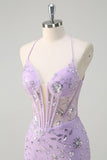 Sparkly Lilac Corset Sequins Mermaid Prom Dress with Criss Cross Back