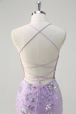 Sparkly Lilac Corset Sequins Mermaid Prom Dress with Criss Cross Back