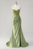 Army Green Applique Front Twist Satin Mermaid Prom Dress with Slit