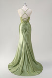 Army Green Applique Front Twist Satin Mermaid Prom Dress with Slit