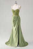 Army Green Applique Front Twist Satin Mermaid Prom Dress with Slit