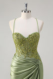 Army Green Applique Front Twist Satin Mermaid Prom Dress with Slit