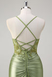 Army Green Applique Front Twist Satin Mermaid Prom Dress with Slit