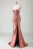 Dusty Rose Appique Mermaid Twisted Prom Dress with Slit