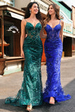 Royal Blue Corset Sequined Applique Mermaid Prom Dress