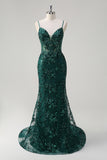 Dark Green Spaghetti Straps Sequined Applique Mermaid Prom Dress