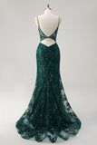 Dark Green Spaghetti Straps Sequined Applique Mermaid Prom Dress