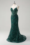 Dark Green Spaghetti Straps Sequined Applique Mermaid Prom Dress