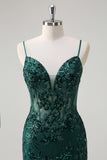 Dark Green Spaghetti Straps Sequined Applique Mermaid Prom Dress