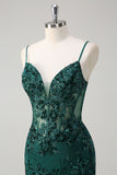 Dark Green Spaghetti Straps Sequined Applique Mermaid Prom Dress