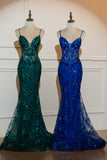 Dark Green Spaghetti Straps Sequined Applique Mermaid Prom Dress