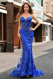 Royal Blue Corset Sequined Applique Mermaid Prom Dress