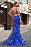 Royal Blue Corset Sequined Applique Mermaid Prom Dress