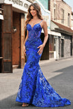 Royal Blue Corset Sequined Applique Mermaid Prom Dress