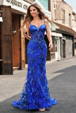 Royal Blue Corset Sequined Applique Mermaid Prom Dress