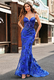 Royal Blue Corset Sequined Applique Mermaid Prom Dress