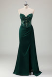 Dark Green Strapless Applique Satin Prom Dress with Slit