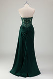 Dark Green Strapless Applique Satin Prom Dress with Slit