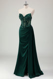 Dark Green Strapless Applique Satin Prom Dress with Slit