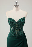 Dark Green Strapless Applique Satin Prom Dress with Slit