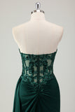 Dark Green Strapless Applique Satin Prom Dress with Slit