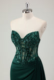 Dark Green Strapless Applique Satin Prom Dress with Slit