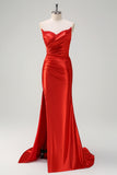 Red Strapless Satin Beaded Mermaid Prom Dress with Slit