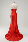 Red Strapless Satin Beaded Mermaid Prom Dress with Slit