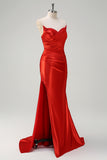 Red Strapless Satin Beaded Mermaid Prom Dress with Slit