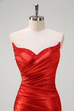 Red Strapless Satin Beaded Mermaid Prom Dress with Slit