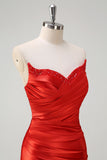 Red Strapless Satin Beaded Mermaid Prom Dress with Slit