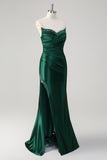 Red Strapless Satin Beaded Mermaid Prom Dress with Slit