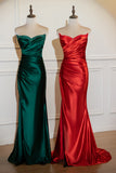 Red Strapless Satin Beaded Mermaid Prom Dress with Slit