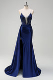 Navy Deep V-Neck Beaded Satin Mermaid Watteau Train Prom Dress