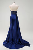 Navy Deep V-Neck Beaded Satin Mermaid Watteau Train Prom Dress