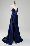 Navy Deep V-Neck Beaded Satin Mermaid Watteau Train Prom Dress