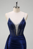 Navy Deep V-Neck Beaded Satin Mermaid Watteau Train Prom Dress