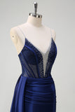 Navy Deep V-Neck Beaded Satin Mermaid Watteau Train Prom Dress