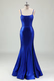 Royal Blue Mermaid Spaghetti Strap Corset Prom Dress with Slit