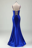 Royal Blue Mermaid Spaghetti Strap Corset Prom Dress with Slit