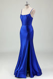 Royal Blue Mermaid Spaghetti Strap Corset Prom Dress with Slit