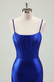 Royal Blue Mermaid Spaghetti Strap Corset Prom Dress with Slit