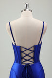 Royal Blue Mermaid Spaghetti Strap Corset Prom Dress with Slit