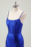 Royal Blue Mermaid Spaghetti Strap Corset Prom Dress with Slit